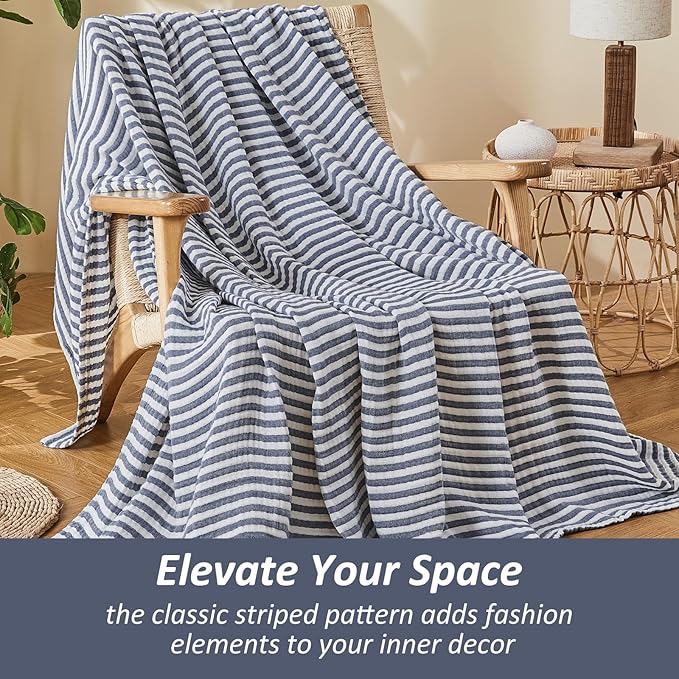 EMME Cotton Muslin Large Throw Blanket Couch Breathable Gauze Soft Lightweight Bed Blankets Adults (Striped Navy, 50"x70")