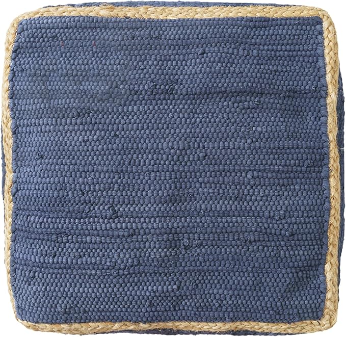 LR Home Indigo Bordered Transitional Hand-Loomed Cotton Pouf with Jute Braid for Home Decor | Farmhouse Cube Foot Rest for Bedroom & Living Room Decor | 18 x 18 x 18 Stuffed Ottoman for Seating