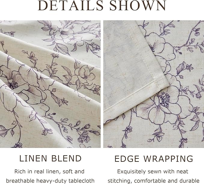 Farmhouse Linen Rectangle Tablecloth Floral Table Cloth with Purple Flowers Pattern Burlap Textured French Rustic Vintage Outdoor Table Cover for Picnic,Dining,Party,Home Decor 55x72 Inch