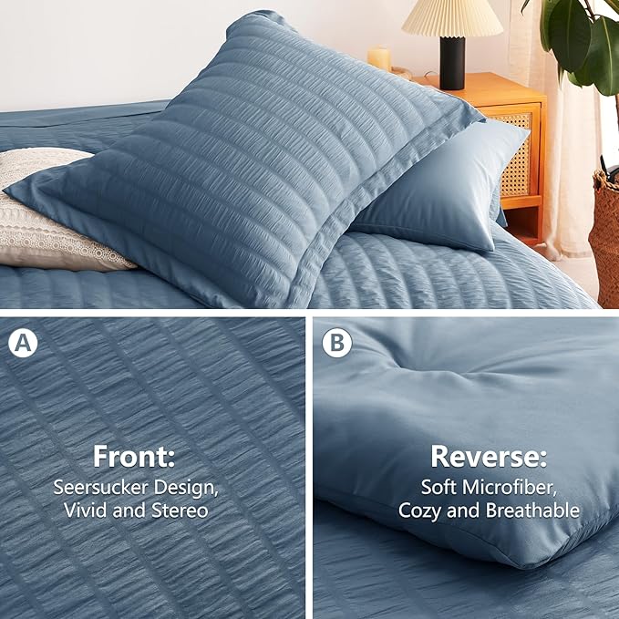 CozyLux Twin XL Comforter Set with Sheets Seersucker Grayish Blue 5 Pieces Bed in a Bag, Dusty Blue Twin Extra Long Bedding Sets College Dorm with Down Alternative Comforter, Sheets, Pillowcase & Sham