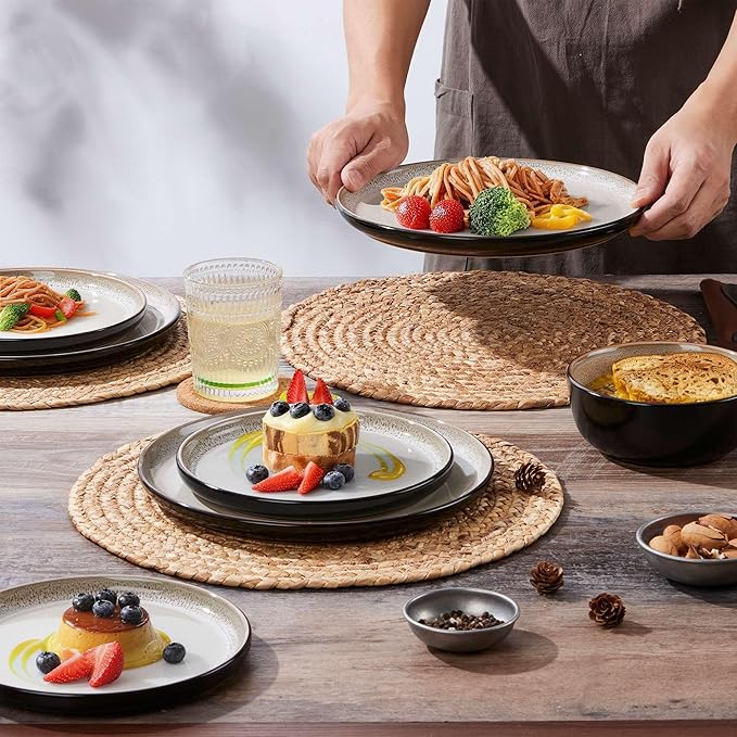 LIANYU Porcelain Dinnerware Sets, 12 Piece Ceramic Plates and Bowls for 4, Dishwasher & Microwave Safe Stoneware Dishes Set, Chip and Scratch Resistant Kitchen Dishware Set, Tidal Khaki