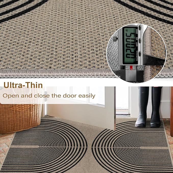 Rugalia Easy Jute Rainbow Runner Rug, 2x6 Washable Rugs Runner for Hallway Non-Slip Boho Farmhouse Kitchen Runner Rug, Black and Nature Abstract Outdoor Carpet for Porch Laundry Entryway