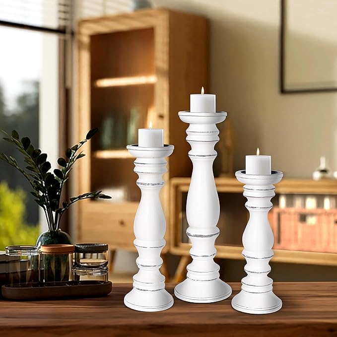 Hand-Carved Wooden Pillar Candle Holders Set of 3, Rustic Mango Wood with White Wash, Decorative Carved Design Table Centerpiece Décor - 16", 14", 12"