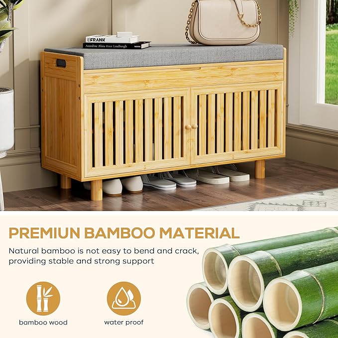 oakvivo Bamboo 35.4in Shoe Storage Bench with Lift Top Storage & Padded Seat Cushion, 2-Tier Shoe Rack Cabinet with 2 Doors for Entryway, Living Room, Bedroom, Mudroom, Natural