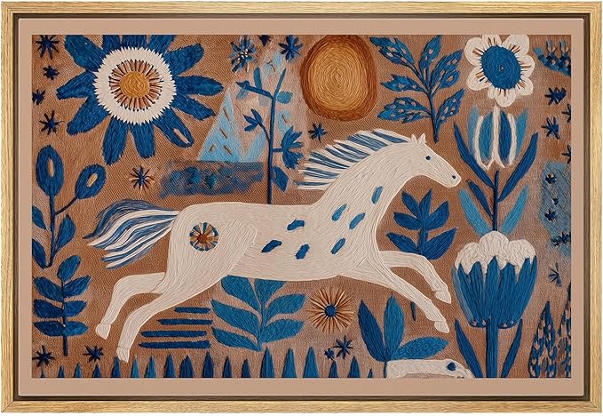 MUDECOR Framed Canvas Print Wall Art Folk Art White Horse with Blue Floral Botanical Illustrations Minimalism Decorative Bohemian Colorful Zen for Living Room, Bedroom, Office - 16"x24" NATURAL