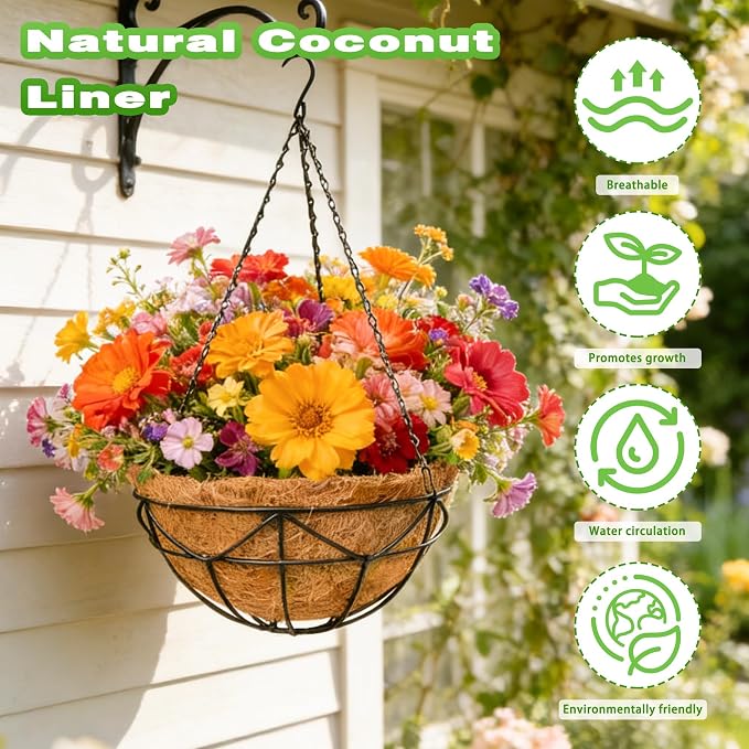 4 Pack 12 Inch Metal Outdoor Hanging Baskets Black Heavy Duty Hanging Planters with Coco Liners for Indoor Outdoor Plants Gardens Patios Terraces（Geometric）