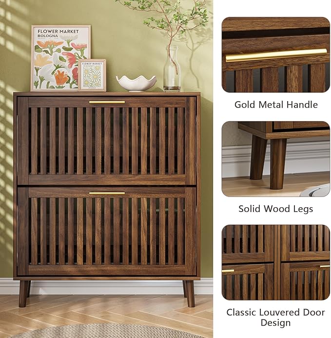 Shoe Cabinet for Entryway, Slim Wooden Shoe Storage Cabinet with 2 Flip Louvered Drawers, Freestanding Shoe Rack Organizer Cabinet for Hallway, Living Room, Walnut (31.5''W)