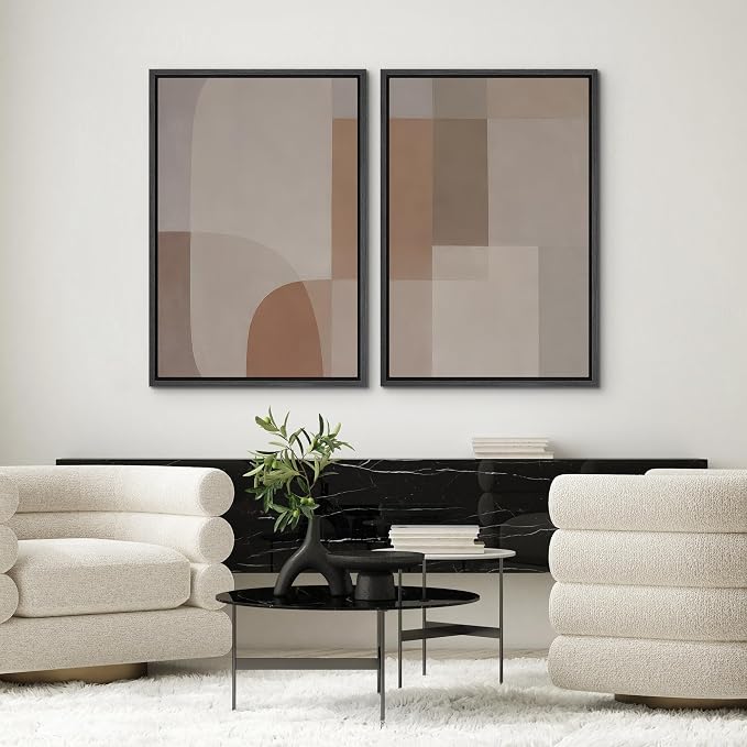 SIGNWIN Framed Canvas Print Wall Art Set Soft Beige Minimalist Abstract Shapes Illustrations Graffiti & Street Art Modern Art for Living Room, Bedroom, Office - 16"x24"x2 BLACK