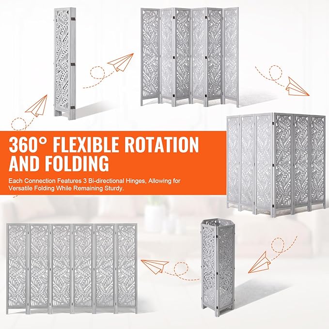 VEVOR Wood Room Divider, 6 Panel Wood Folding Privacy Screen, 66.9 Inches Tall Indoor Carved Partition Divider, Portable Decoration Screen, for Room Separation, Home, Office, Restaurant & Bedroom