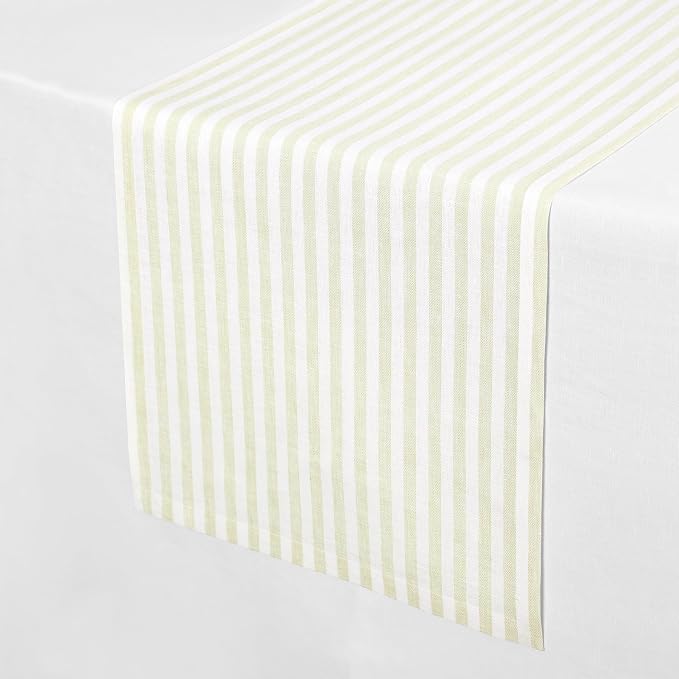 Solino Home Linen Table Runner 90 Inches Long - Amalfi Stripe, 100% Pure Linen Sage and White Farmhouse Table Runner 14 x 90 Inch for Dining, Summer