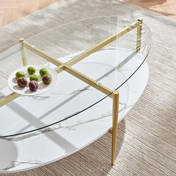 LumFurn Oval Glass Coffee Table, Mid-Century Modern Design, L43 x W22 x H17 inch, Surfboard Shaped Clear Glass Top and White Marble Finish Wood Shelf, Tapered Legs with Gold Finish Frame