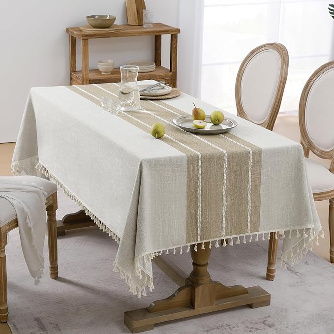 Softalker Outdoor Tablecloth Rectangle, Waterproof Linen Cotton Farmhouse Table Cloths with Tassel, Heavy Weight Wrinkle Free Boho Table Cover for Picnic Camping Dining - 55 x 102 Inch, Coffee Lines
