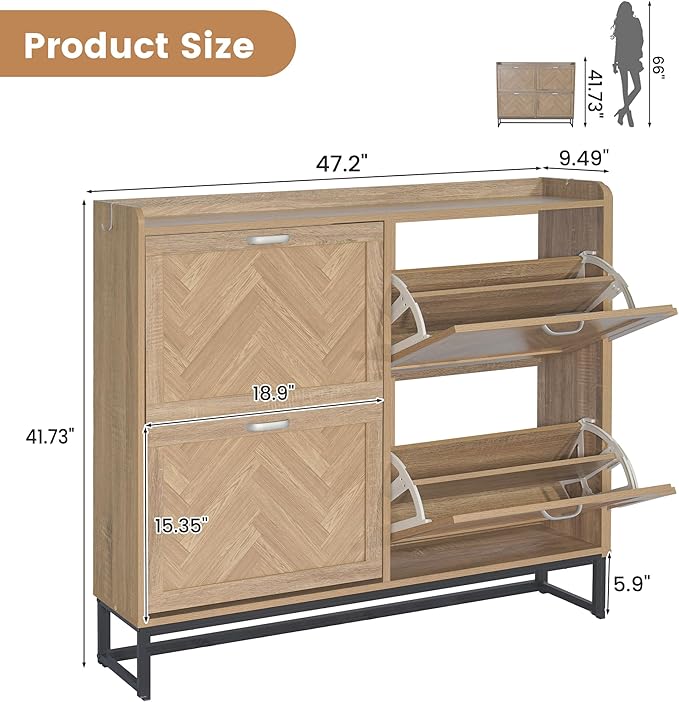 47.2" Shoe Cabinet Storage for Entryway, Narrow Wood Shoe Organizer with 4 Flip Drawers & Adjustable Shelves,Freestanding Hidden Shoe Storage Organizer with Hooks for Entryway, Foyer, Hallway, Oak