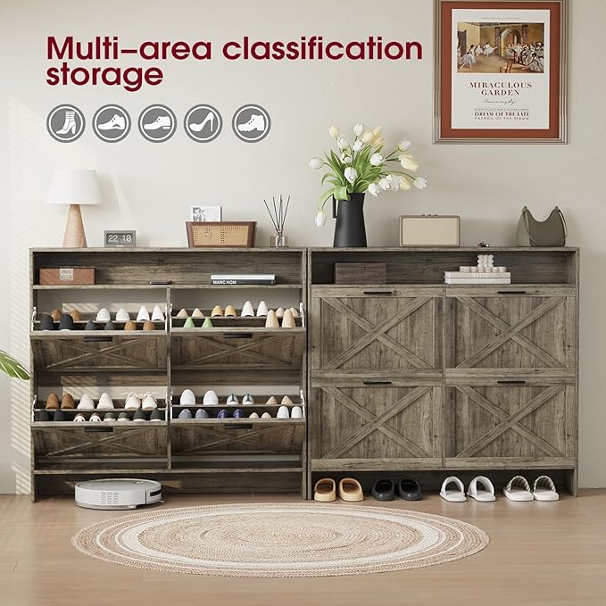 Wooden Shoe Cabinet with 4 Flip Drawers, Narrow Shoe Rack Organizer Cabinet for Classified Storage, Farmhouse Shoe Storage Cabinet for Entryway, Living Room (Grey)