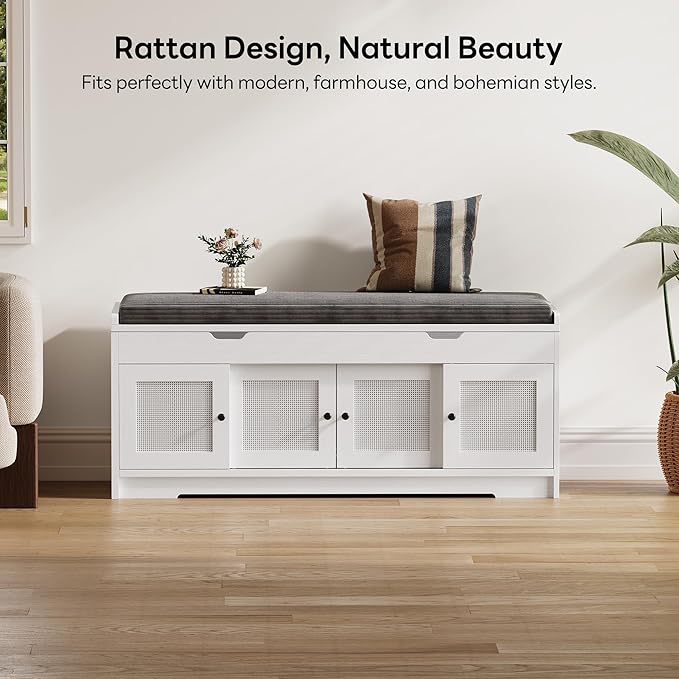 LIKIMIO 47.2" Shoe Bench with Lift Top Storage, Entryway Bench with Cushioned Seat, 2-Tier Rattan Shoe Cabinet with Adjustable Shelf, Storage Bench for Bedroom, Living Room, Hallway, White