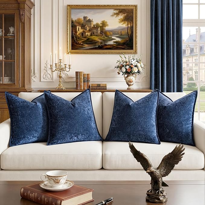 a moment Throw Pillow Covers 22X22 Inch 4 Packs,Soft Velvet Decorative Pillow Cases with 3D Ice Flower,Texture Modern Accent Cushion Covers for Sofa Couch Home Decor Navy Blue
