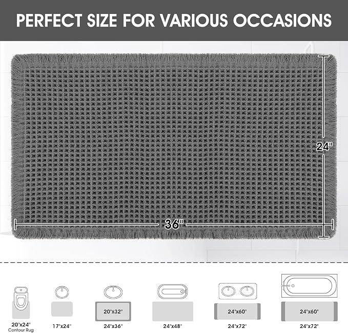 ACCUMTEK Upgraded Waffle Bath Mat, 36"x24" Grey, Super Absorbent Non-Slip Quick Dry Bathroom Rugs with Tassels, Machine Washable Ultra Soft Boho Bath Rugs for Floor, Toilet Mats Boho Farmhouse Decor