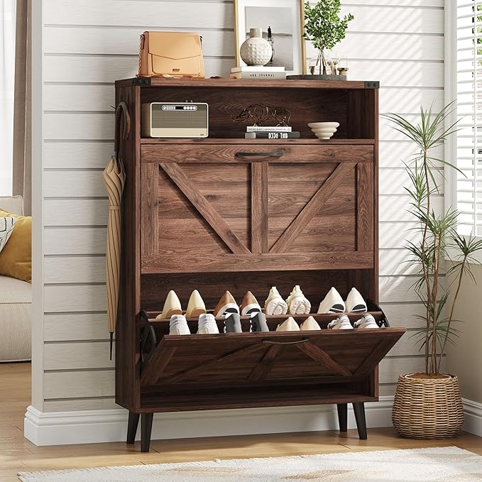 Vabches Shoe Storage Cabinet with 2 Flip Drawers,Freestanding Narrow Shoe Organizer with Open Storage,Hidden Slim Shoe Rack Cabinet for Entryway,Hallway,Dark Walnut