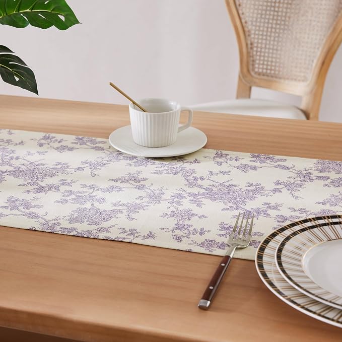 100% Cotton French Pastoral Table Runners, 13x108 Inch Purple Farmhouse Table Runners 108 Inches Long, Vintage Flowers Print Home Decors