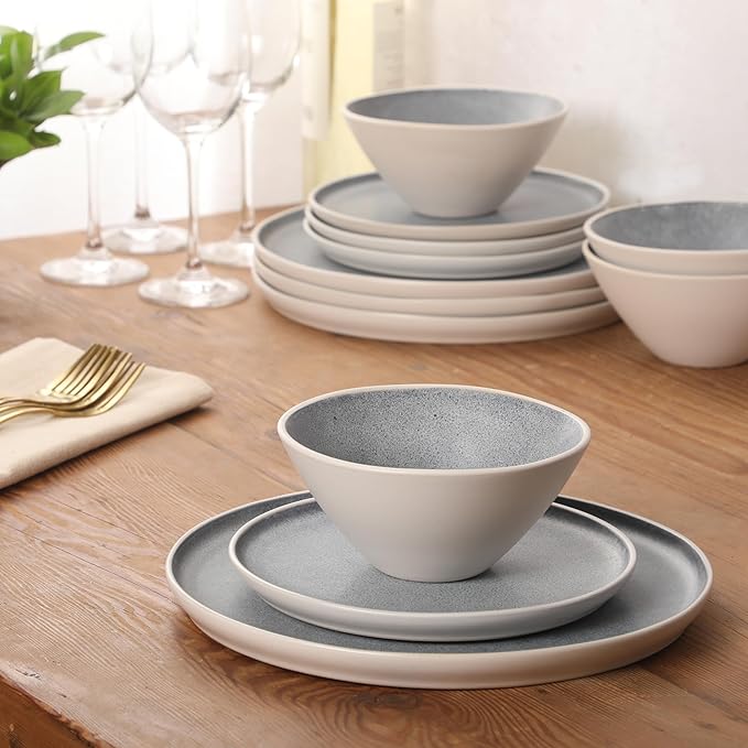 Gibson Elite Coastal Forest Plates and Bowls Sets, 12-Piece Stoneware Dinnerware Sets, Triple Reactive Glaze Dish Set - Grey and Cream White