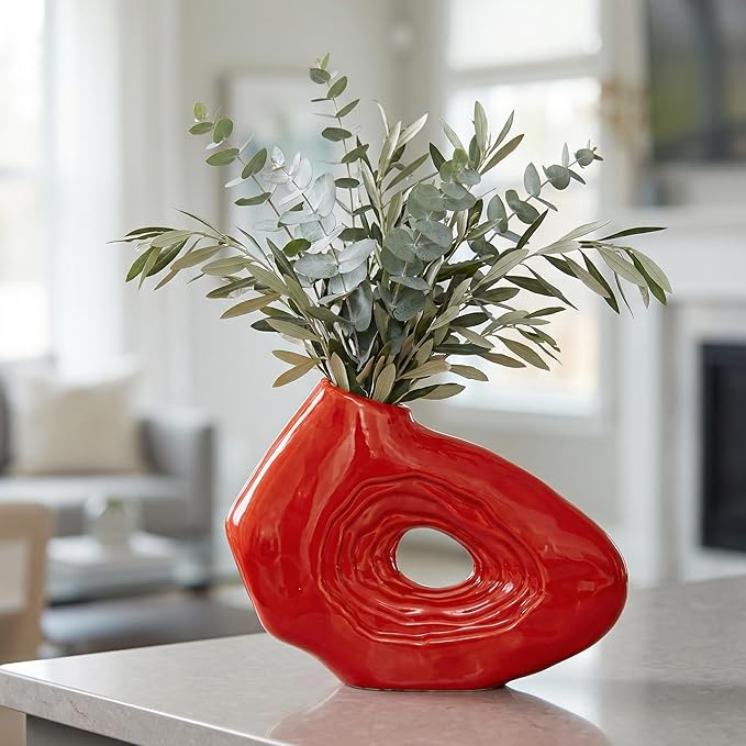 Sunddo Red Ceramic Vase, 7 Inch Small Boho Style Decorative Vases for Flowers, Donut Modern Flower Vase for Home Decor, Art Nordic Aesthetic Vases, Living Room, Desk Decor