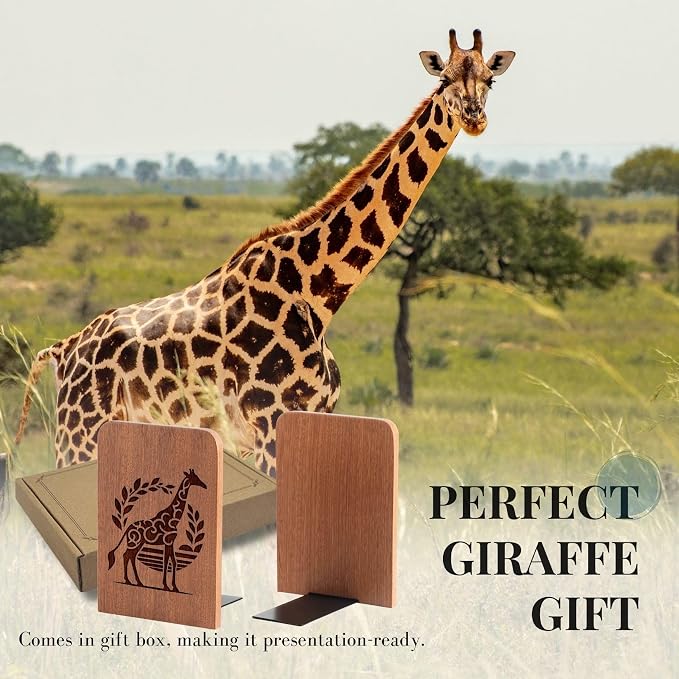 INNObeta Decorative Wooden Book Ends, Animal Bookends, Heavy Duty Bookends for Shelves Unique Design(1 Pair, 4.72x6.69 Inches) - Giraffe