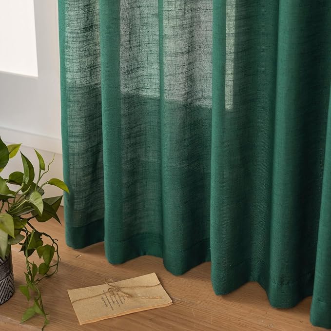 Emerald Green Curtains Semi Sheer 90 Inches Long, Dark Linen Textured Living Dining Room Sliding Glass Door Curtains & Drapes, Hunter Green Window Panel, Pinch Pleat Curtain with Hook