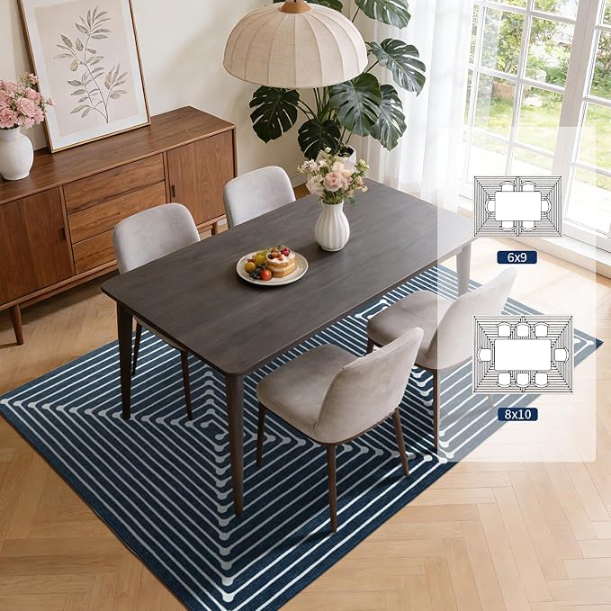 YIHOUSE Washable 8x10 Area Rugs for Living Room, Dark Blue Striped Rug for Bedroom Non Slip Low Pile, Large Modern Geometric Carpet for Playroom Dining Room Home Office Decor