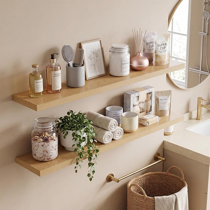 Vivelove 10" Deep Floating Shelves with Invisible Brackets, 40" Wall Shelves for Bathroom Bedroom Kitchen Living Room Laundry Room, Modern Rustic Shelves for Home Decor, 40"x10.2"x1.5", Set of 2, Oak
