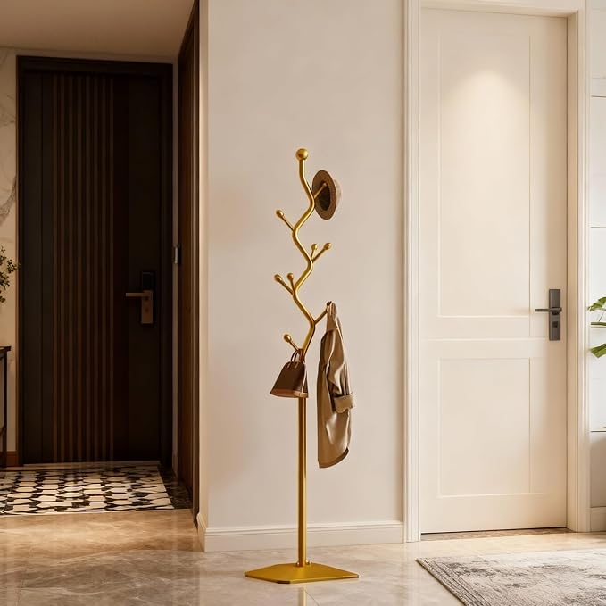 Sturdy Metal Coat rack Tree – Anti-Tip Design with 8 Hooks, Perfect for Home, Dorm, or Office Organization (gold)