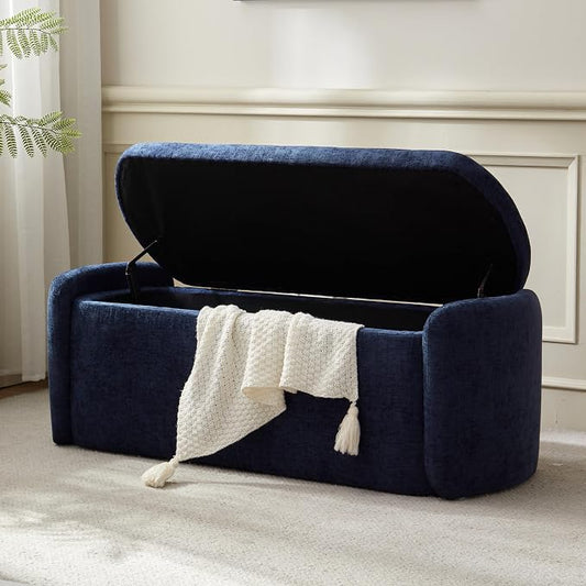 VKNOW 46" Oval Storage Ottoman Bench, Upholstered End of Bed Bench Ottomans Bench Foot Rest, Sherpa Storage Bench for Bedroom, Living Room and Hallway, Navy