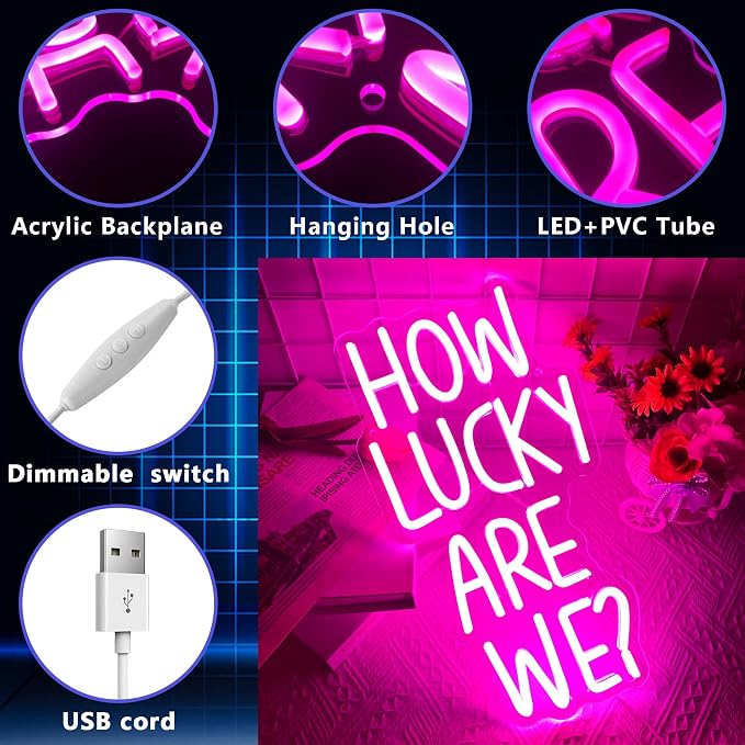 How Lucky Are We Neon Sign, Romantic Quote Pink Anniversary Quote Neon Sign LED Wedding Backdrops Engagement Party Neon Light, for Motivational Wall Decor Inspirational Quote(15.3 * 8.2 In)