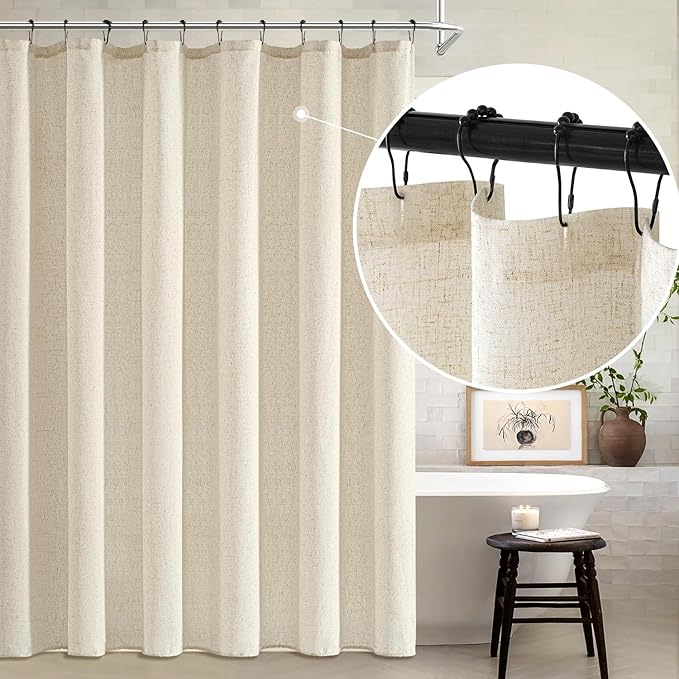 MIULEE Linen Shower Curtain with 12 Metal Hooks Washable Country Boho Farmhouse Heavy Buttonhole Fabric Shower Curtain Set Thick Cloth Neutral Waterproof Curtains for Bathroom W72*L72, Natural