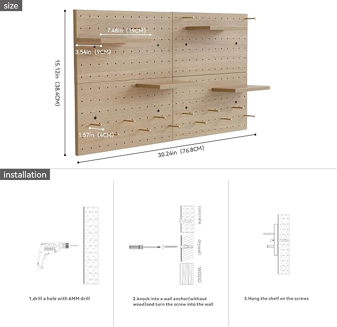 Pegboard Wall Organizer,4 Pack Large Peg Board with Shelves & Brass Hooks, Modular DIY Storage Panel for Entryway, Craft Room - Heavy Duty Display Board for Hats, Keys—Oak Color Finish