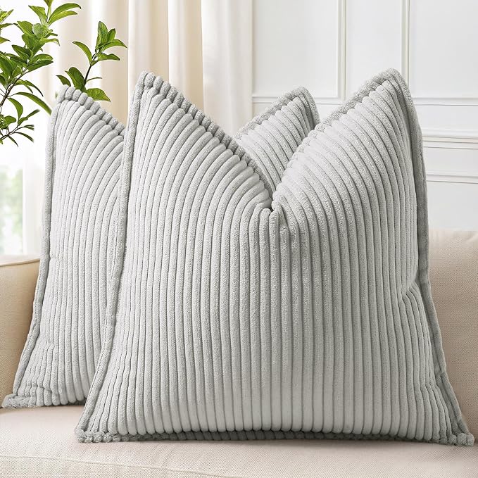 decorUhome Summer Corduroy Grey Euro Sham Throw Pillow Covers 22x22 Set of 2 Decorative Soft Boho Farmhouse Couch Pillow Covers for Living Room Bed Sofa Broadside Striped Pillow Cases