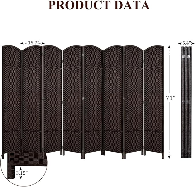 HALLYBEE Room Divider, Room Dividers and Folding Privacy Screens, 16in Privacy Screen, 8 Panel Temporary Wall Partitions, 6ft Space Separation Panel Screen, Dark Mocha