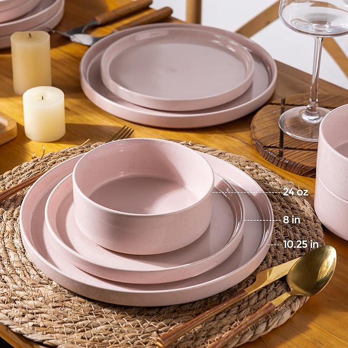 AmorArc Ceramic Dinnerware Set for 4 | Speckled Stoneware Plates and Bowls with unglazed terracotta | Scratch Resistant, Dishwasher & Microwave Safe Dishes Sets- 12-Pcs Pink