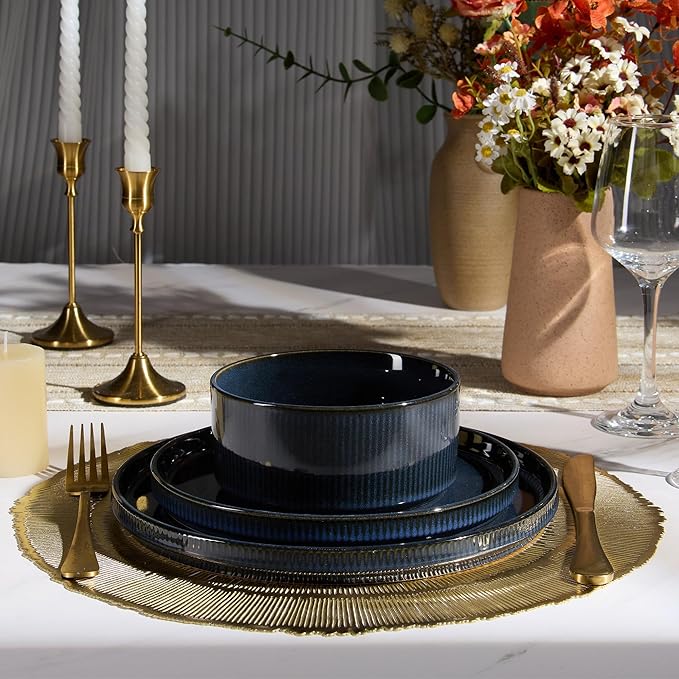 E-far Stoneware Dinnerware Sets for 2, 6-Piece Plates and Bowls Sets, Chip & Scratch Resistant Ribbed Dish Set for Home Restaurant, Microwave & Dishwasher Safe, Midnight Blue