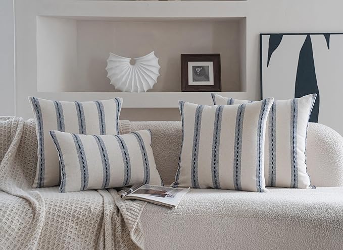 Cethom Boho Throw Pillow Covers 18x18 Set of 2, Navy Blue Striped Decorative Pillow Cases for Couch Chair Bed, Textured Farmhouse Modern Accent Cushion Covers for Living Room Bedroom Sofa Home Decor