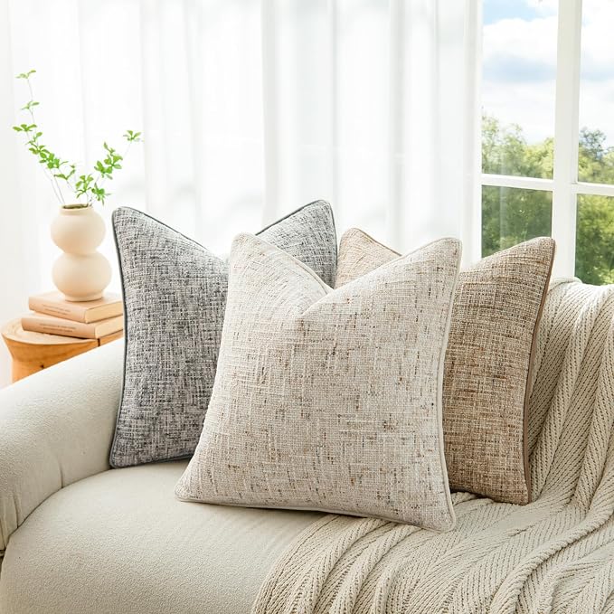 a moment Beige Reversible Pillow Covers 2 Pack - Farmhouse Chenille Velvet Throw Pillows, Neutral Textured Decorative Throw Pillow Covers with Border for Couch Sofa Bed (24x24 Inch, No Insert)