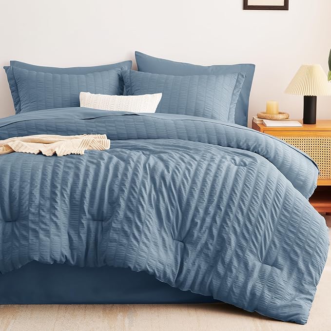 CozyLux Twin XL Comforter Set with Sheets Seersucker Grayish Blue 5 Pieces Bed in a Bag, Dusty Blue Twin Extra Long Bedding Sets College Dorm with Down Alternative Comforter, Sheets, Pillowcase & Sham