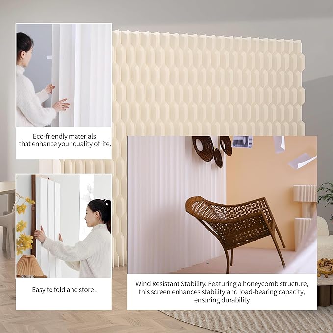 Double Sided Room Divider, Folding Privacy Screen with 2 Different Patterns, Retractable Decorative Paper Partition Wall for Salon Home Studio Office Rest Area