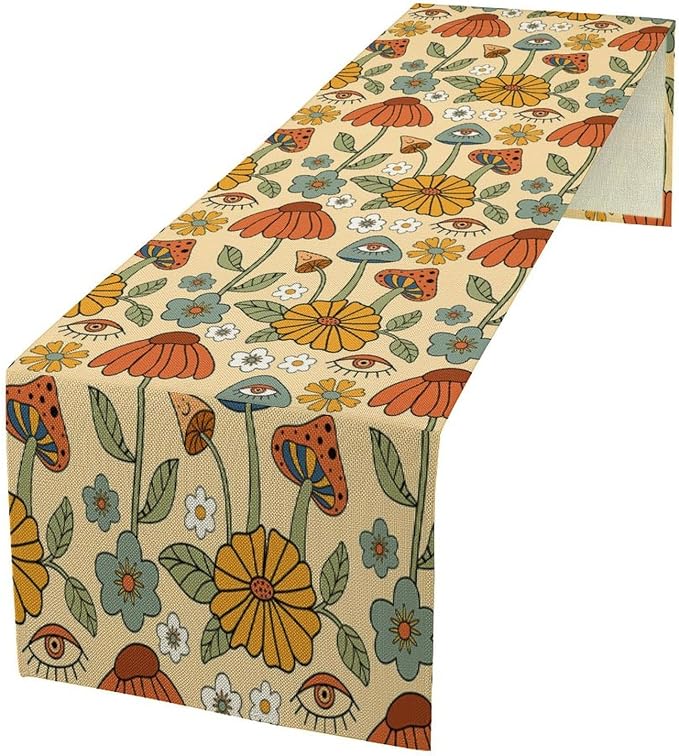 Retro Boho Floral Table Runner Funky Mushrooms Flowers Trippy Hippie Vintage Cottage Dinner Runner for Home Kitchen Dining Table Party Holiday Decor 13"x36"