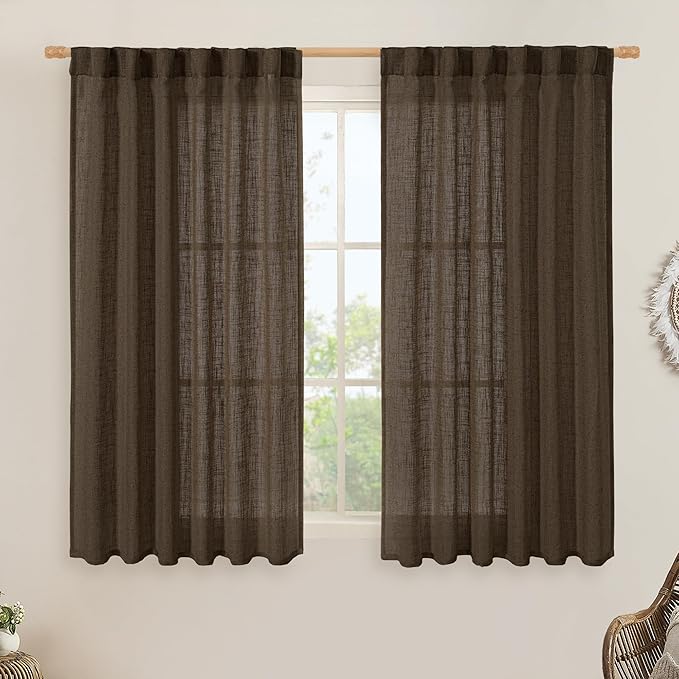 LAMIT Semi Sheer Linen Curtains 45 Inches Long, Light Filtering Panels Back Tab and Rod Pocket Neutral Drapes for Kitchen/Window/Bedroom, Dark Brown, 2 Panels, 52 x 45 Inch