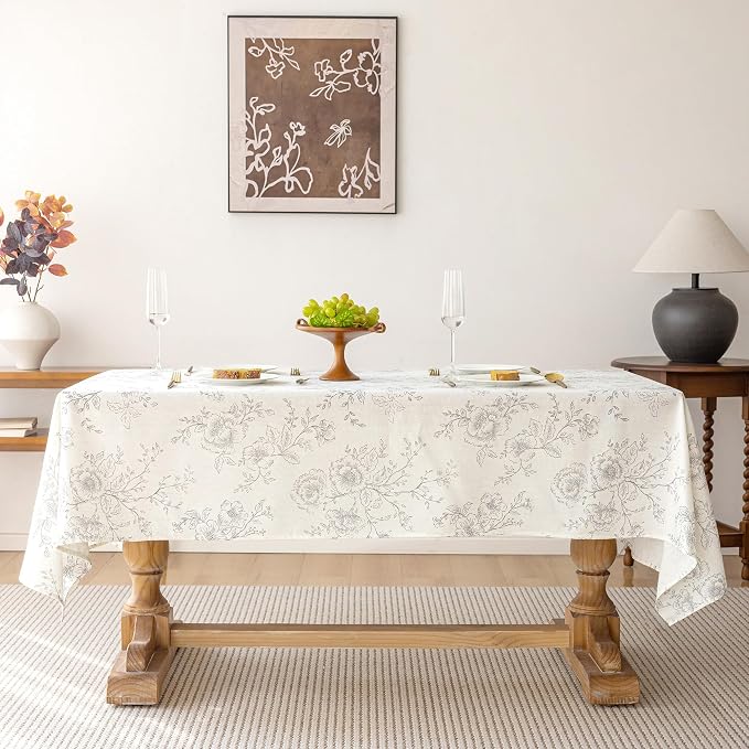 55 x 72 inch Floral Linen Tablecloth Wrinkle Resistant Vintage Farmhouse Tablecloth 6 FT Gray Pattern Printed on Cream Table Cloth Rectangle Cottage Burlap Fabric Table Cover Home Decor Holiday