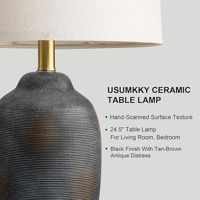 USumkky 24.5" Vintage Ceramic Table Lamp with 5FT Cord- Single Farmhouse Rustic Bedside Lamp with Natural Textured Finish, Nightstand Lamps for Living Room, Bedroom, End Table, Office Retro Black