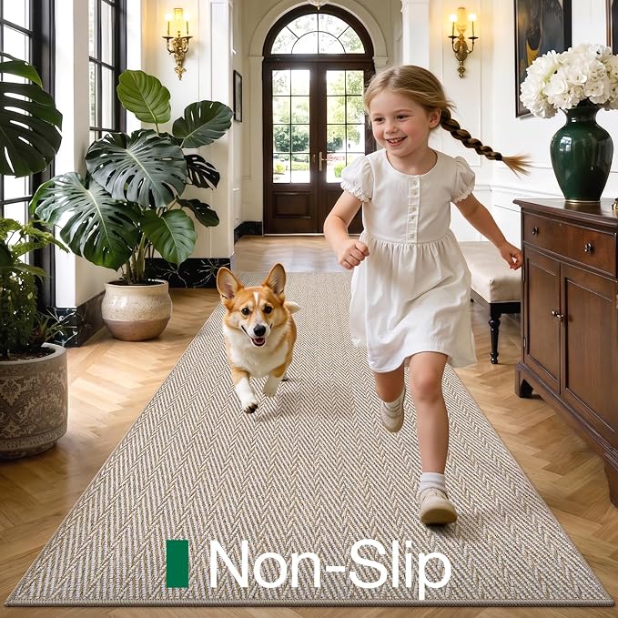 LUMI Ultra Thin Runner Rug for Hallway 2.7'x10', Non-Slip Entryway Rug with Rubber Backing, Unique Herringbone Design for Hallway, Entry, Kitchen, Patio, Beige