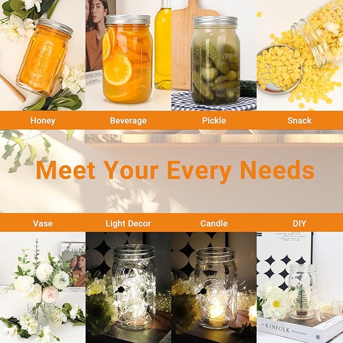 CycleMore Mason Jars 32 oz, 2 Pack Embossed Glass Jars with Silver Split Lids, Quart Mason Jars with Measurement Lines and for Sourdough Starter, Pantry Storage, Pickles and Gifts