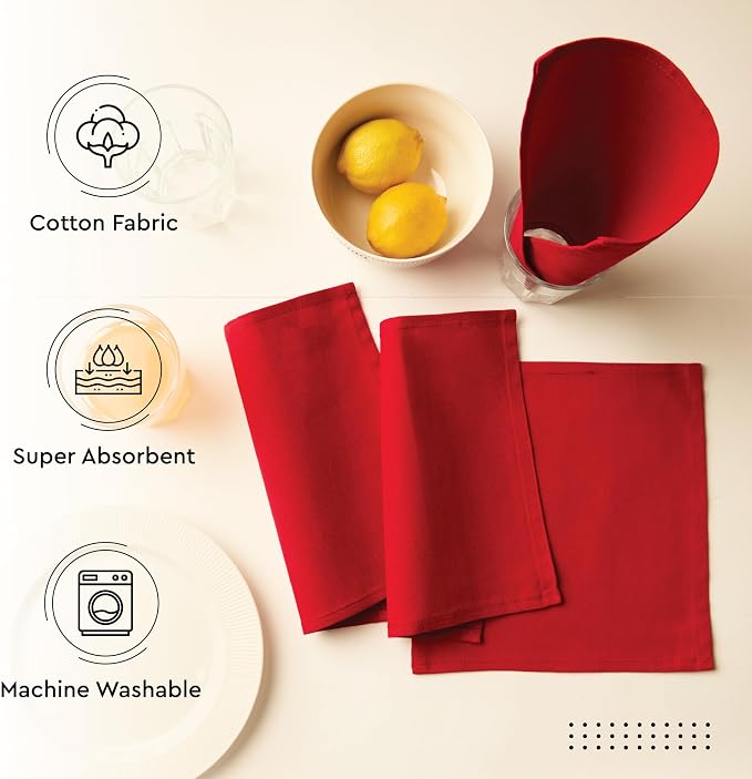 Encasa XO Cocktail Cloth Napkins Set of 12 | Pure Cotton Table Napkin | Size (9"x9") | Deep Red Solid | Machine Washable