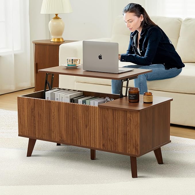 Wooden Fluted Lift Top Coffee Table with Hidden Compartment, Modern Rectangle Center Tables with Adjustable Storage Shelf, Lift Tabletop Dining Table for Home Living Room Office(Walnut)